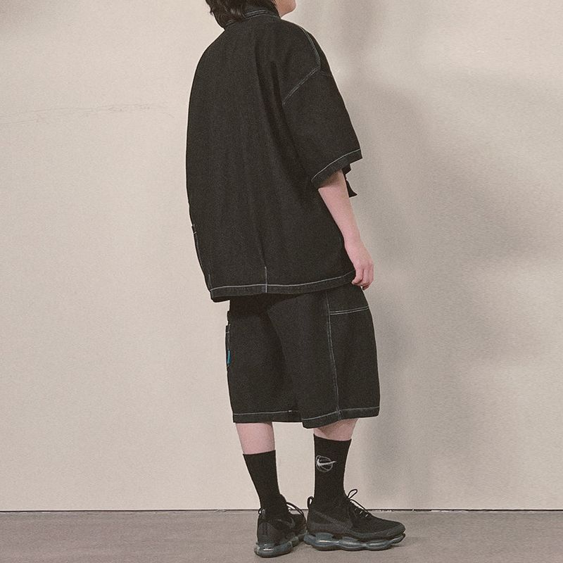denim stitch shorts_black