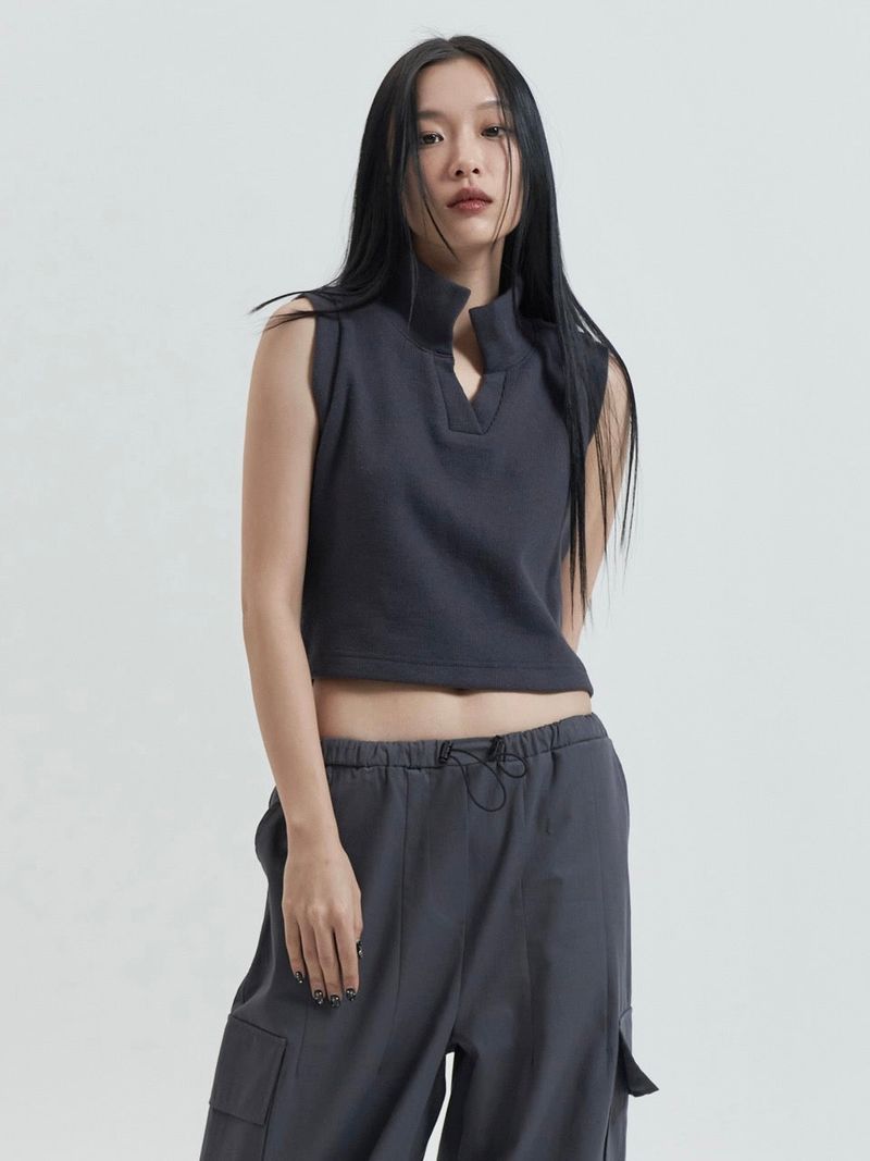 Sleeveless Collar Top, Slate Grey