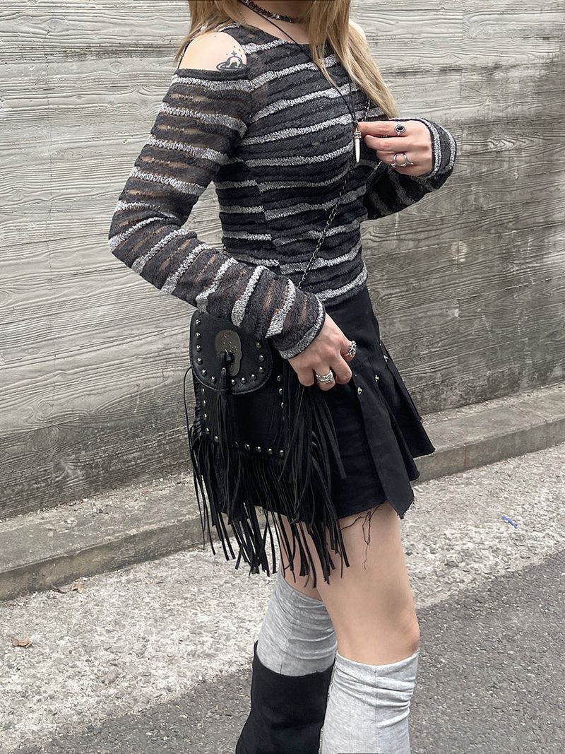 Ethnic Shoulder Slit Stripe Tee