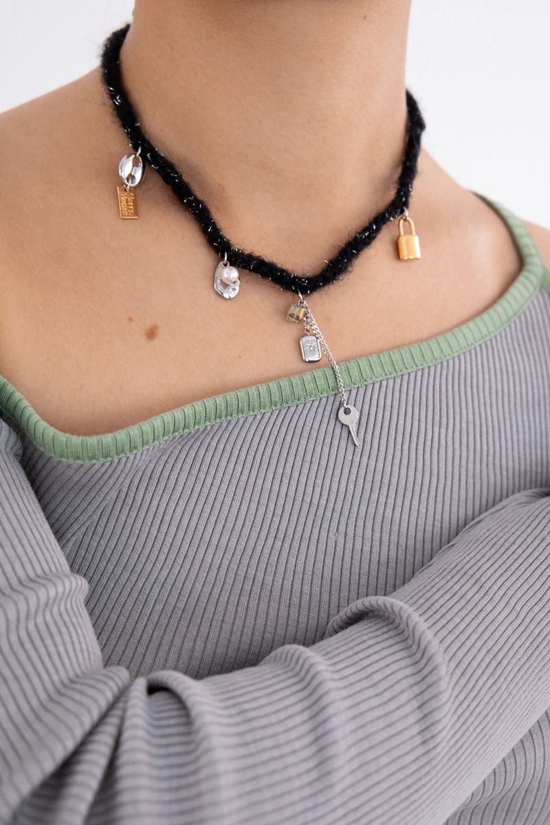 Wool black knit with unique objects necklace