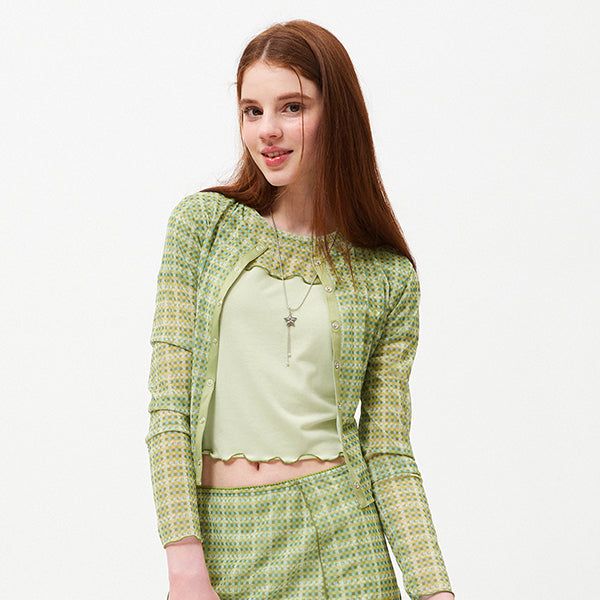 SMALL CHERRY SEE THROUGH PATTERN CARDIGAN [LIME]