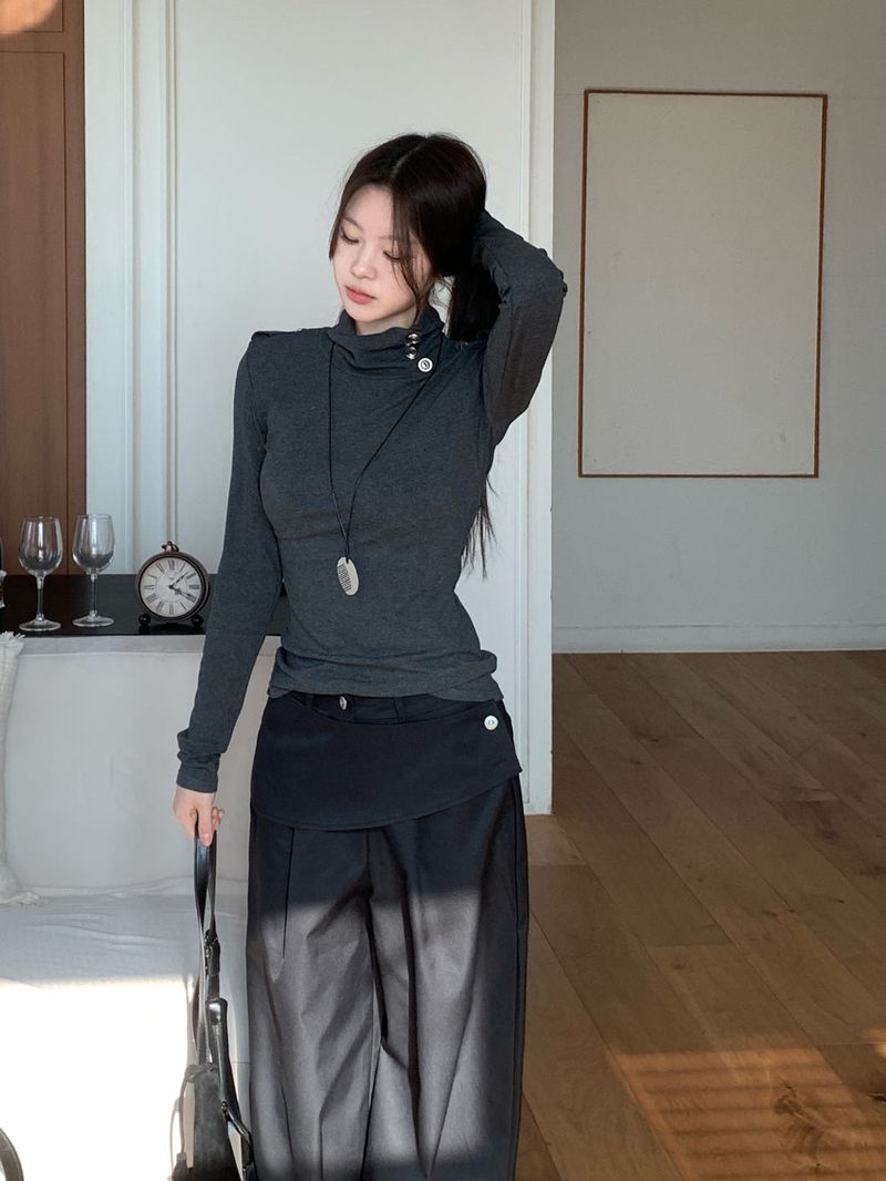 Close Pintuck Wrap Two Button High Waist Long Wide Pants