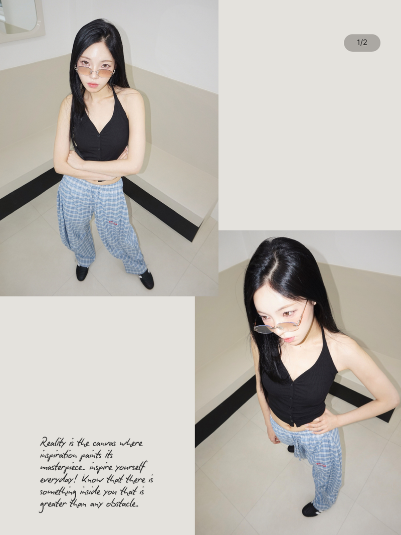 Blue checkered banding wide pants