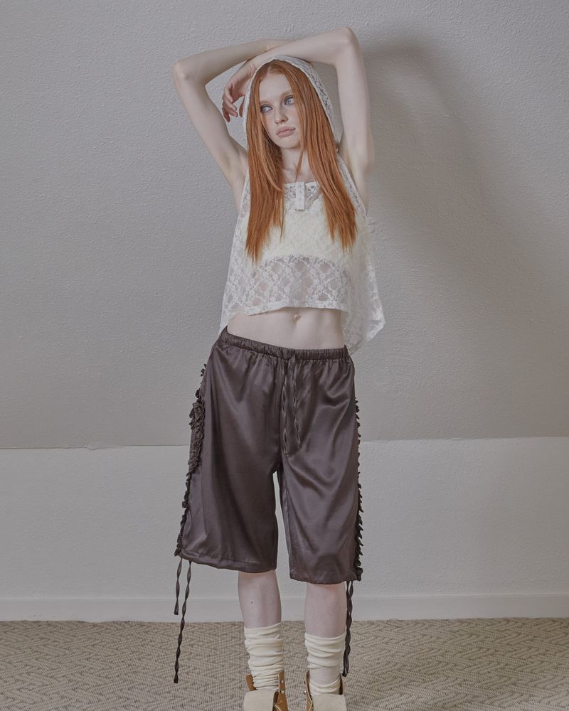 satin ruffle track pants / brown