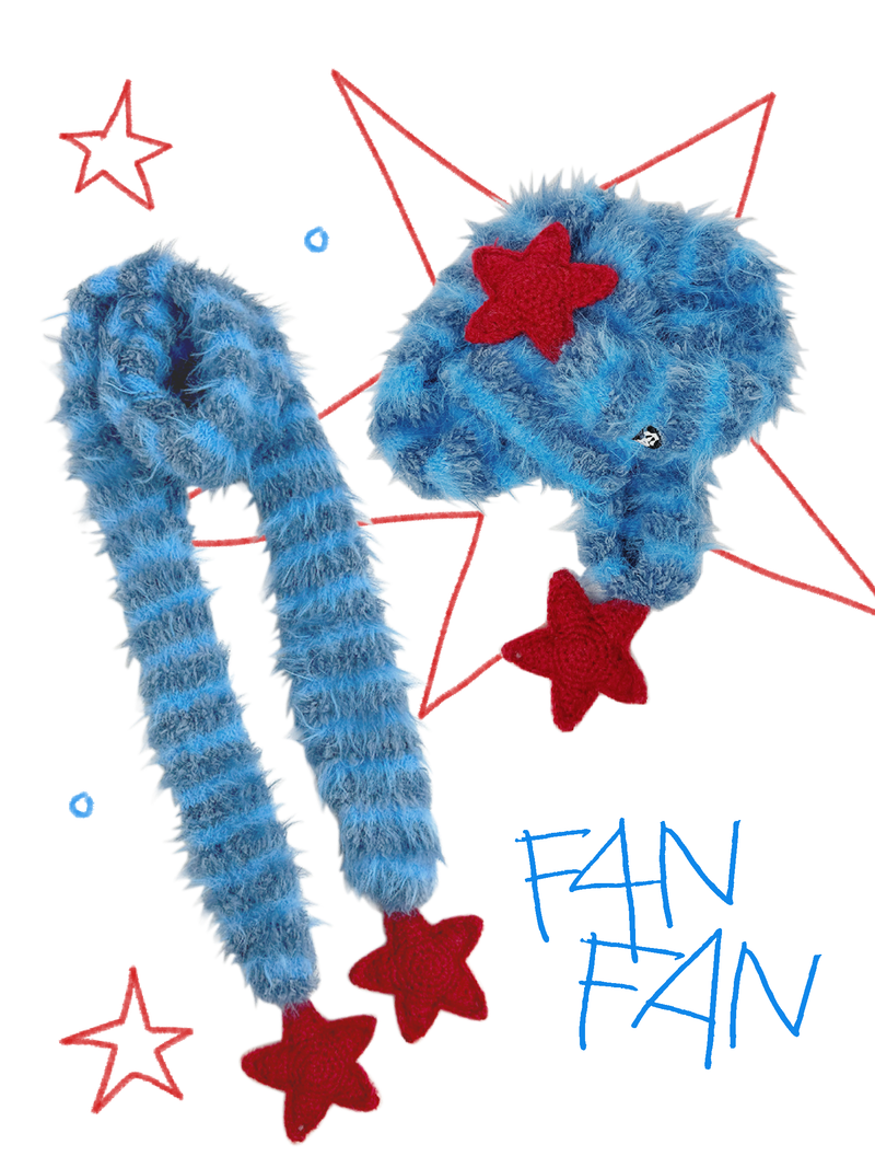 F4NFAN（ファンファン）の「フラッフィー ストライプ スカーフ レッドクロシェスター（Winter Sun Red &Glacier Blue）（ファッション小物）」
