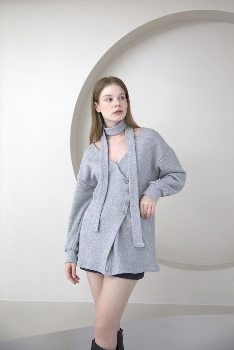 Offshoulder Wrap Strap Cardigan Gray