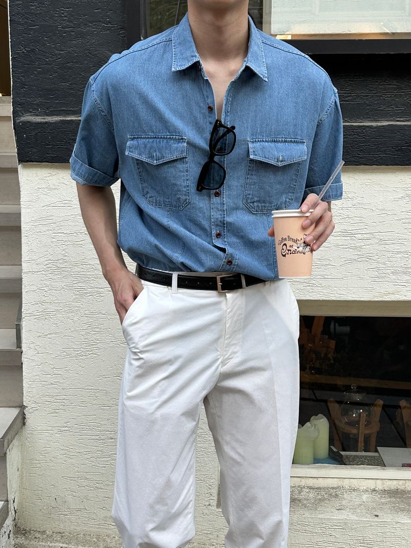 LMN Semi-Over Button Half Denim Shirt (2 colors)
