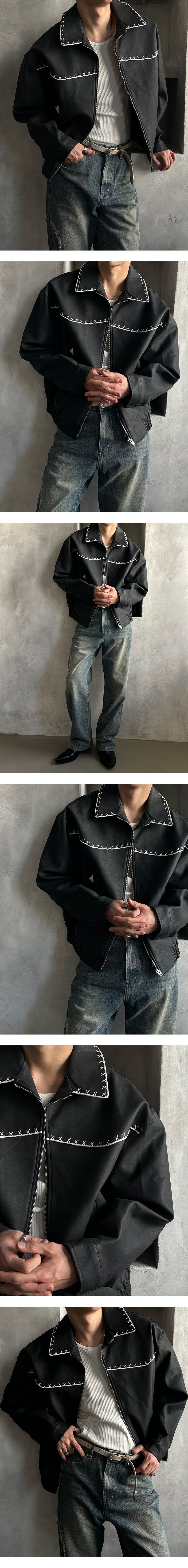  [PREMIUM][HANDMADE] Stitch western leather blouson(2color)