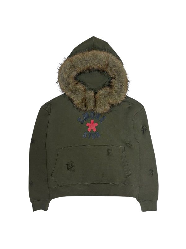 SMOKEASTAR(スモークアスター)の「Destroyed Fur Crimson Hoodie (KHAKI)(Tops)」