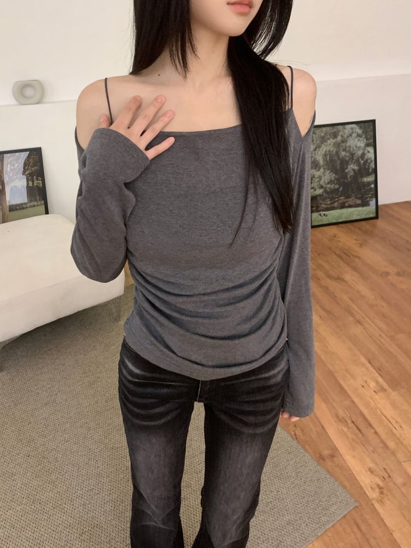 Jenn Muse Off-Shoulder Strap Drape Long Sleeve Top