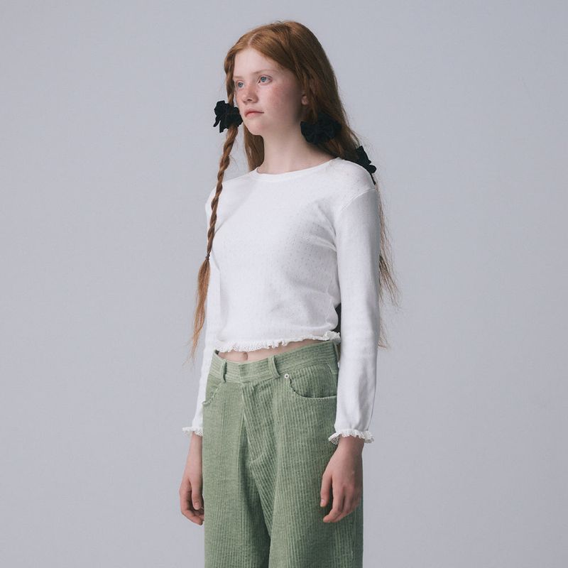 LACE HEM LONG SLEEVE TEE, WHITE