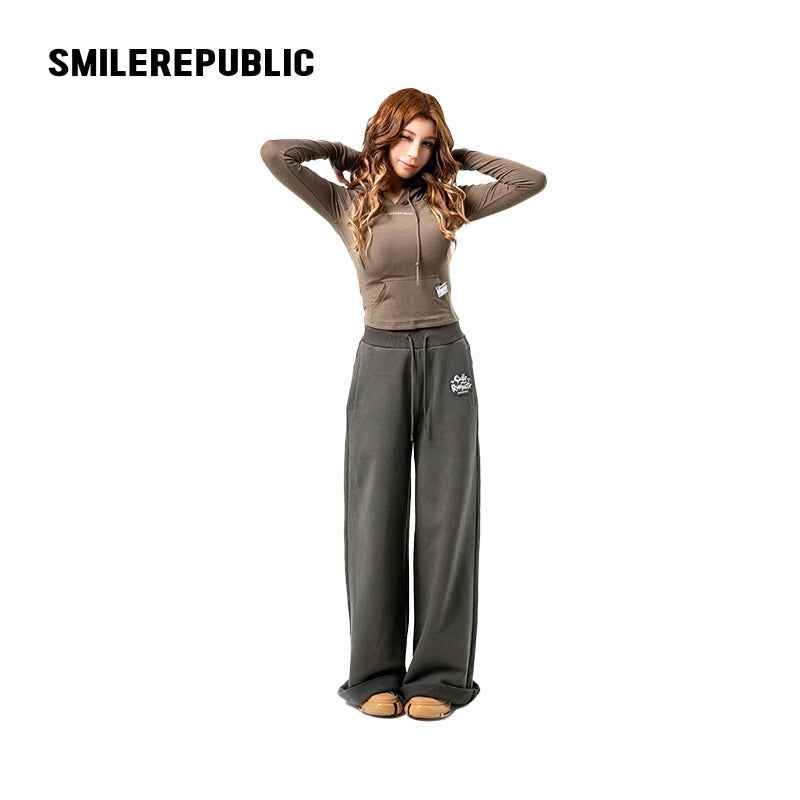 Dark Green 100% Cotton A-Line Wide Leg Sweatpants with Drawstring Waist and Logo Graphic