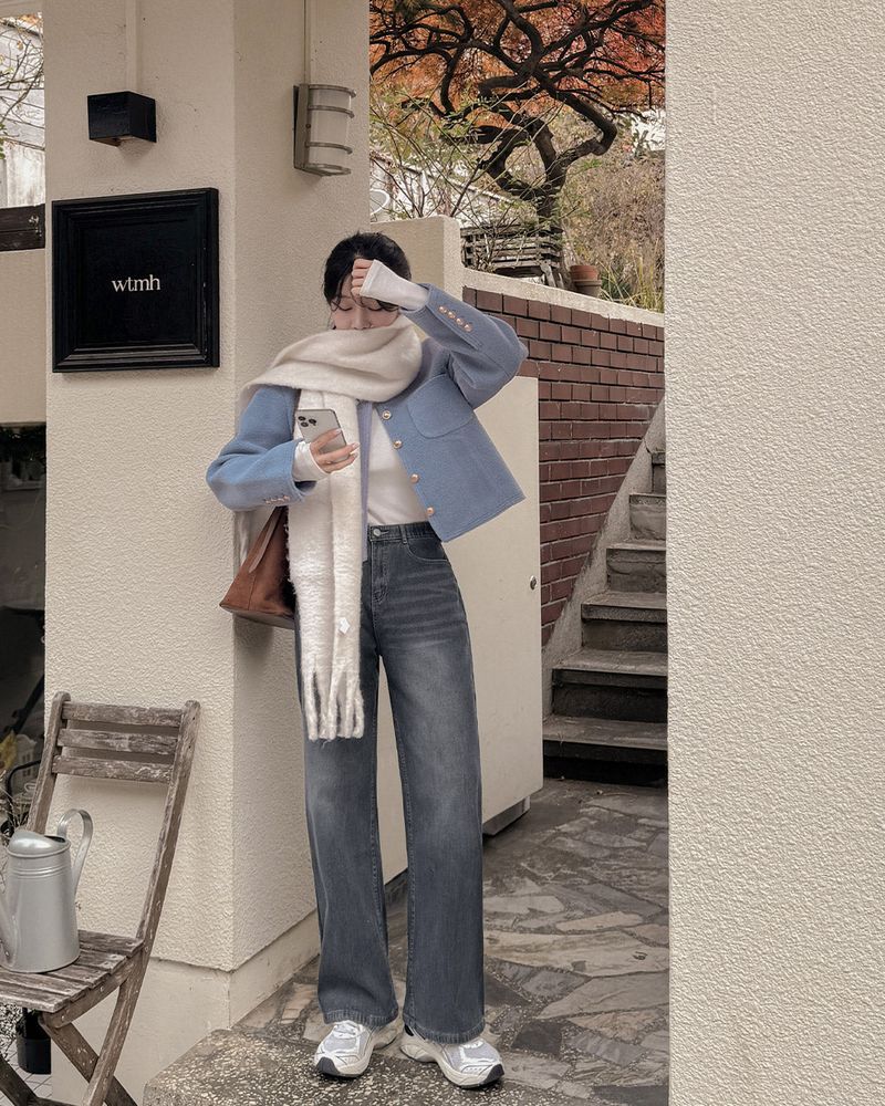 Fleece wide denim pants