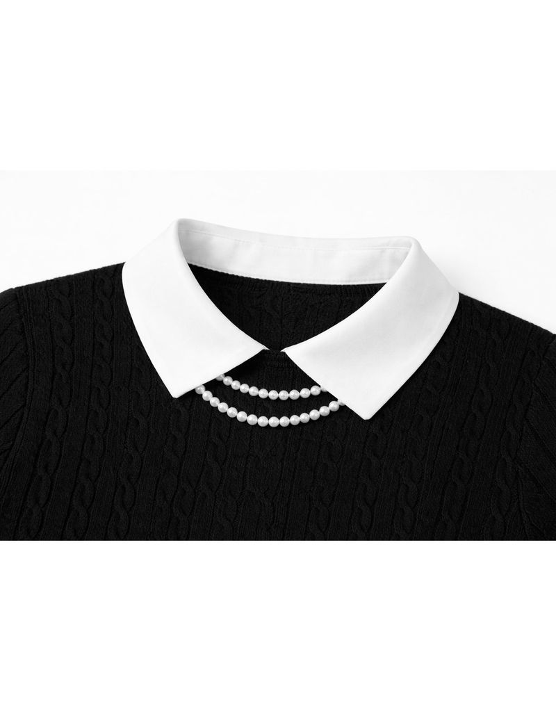 Elodie Pearl Collar Cable Short Sleeve Knit Top Black