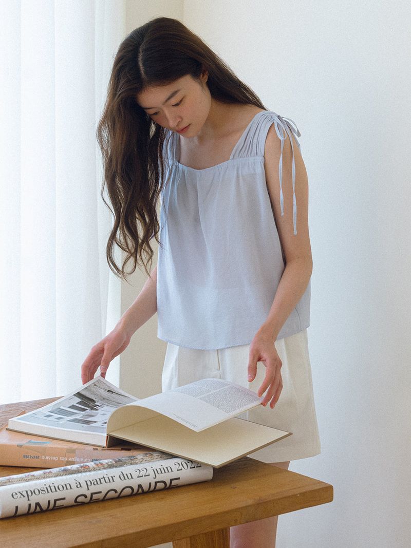 Strap Shirring Blouse - Sky blue