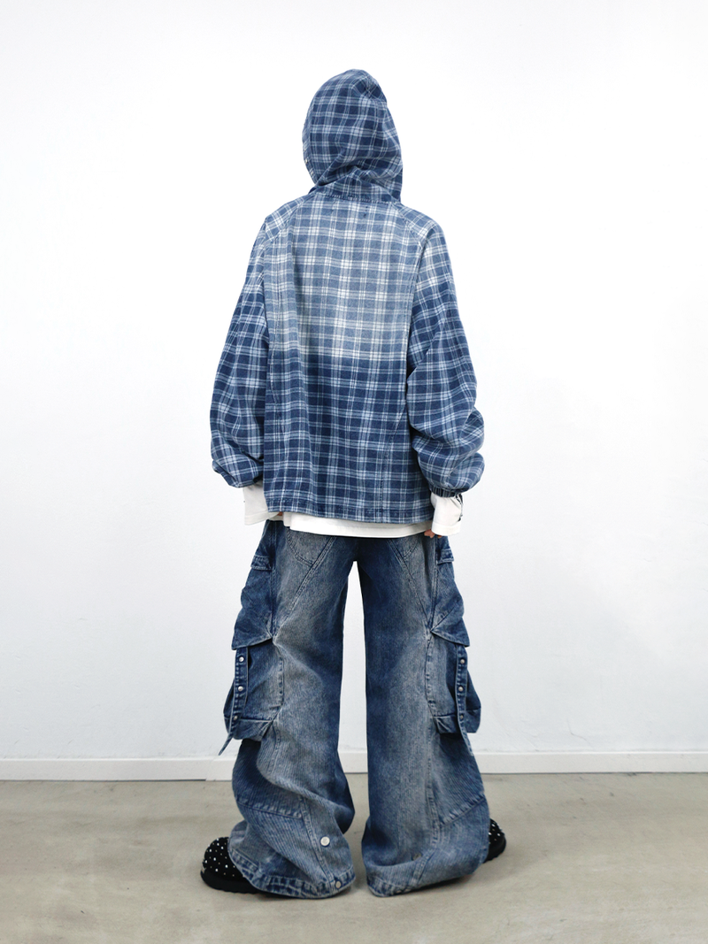 RELABEL (Gemeng) Stud-embellished, printed, gradient-wash checked hooded denim sweatshirt