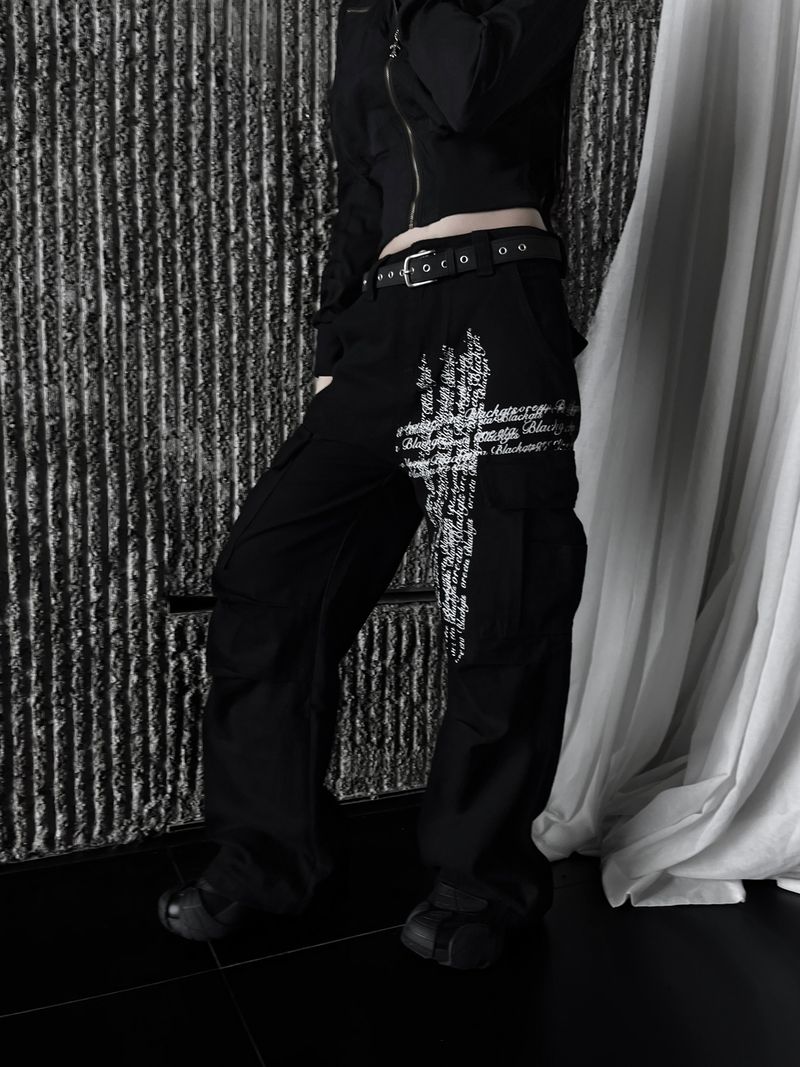 cross lettering cargo denim