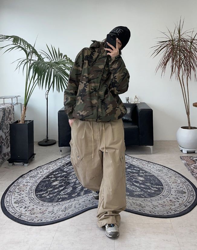 Defun diagonal cargo cotton pants