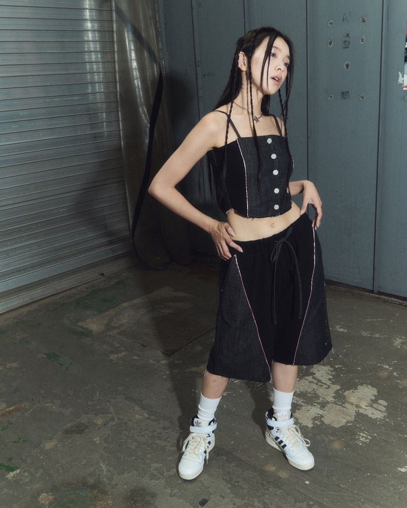denim combi half pt - black