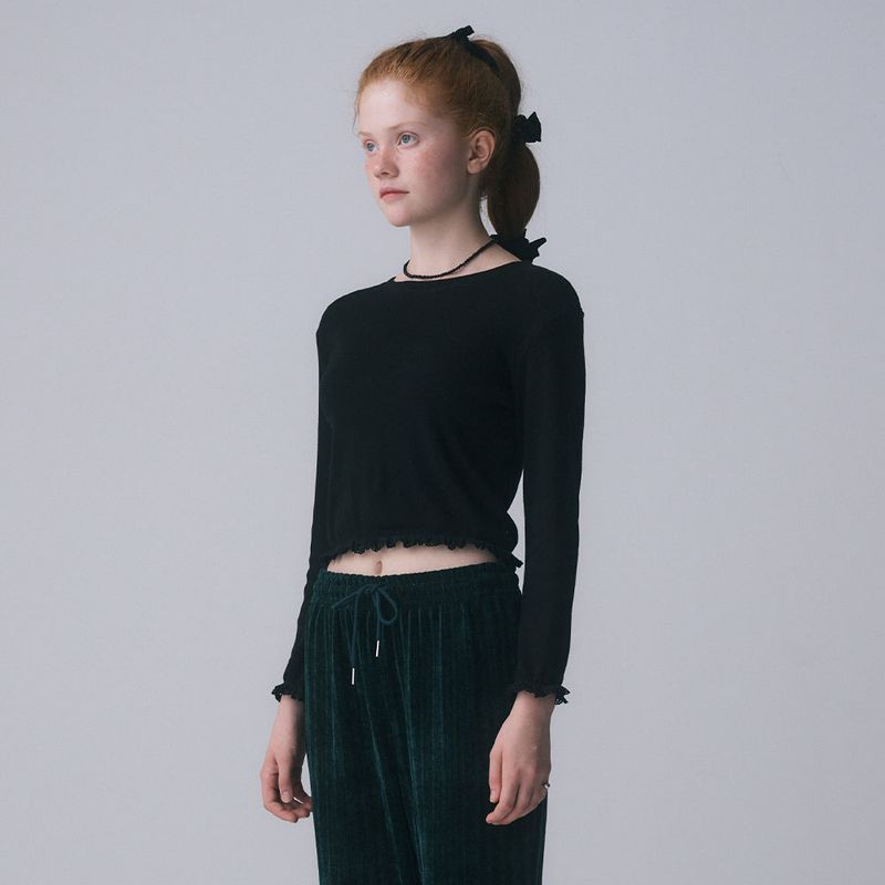 LACE HEM LONG SLEEVE TEE, BLACK