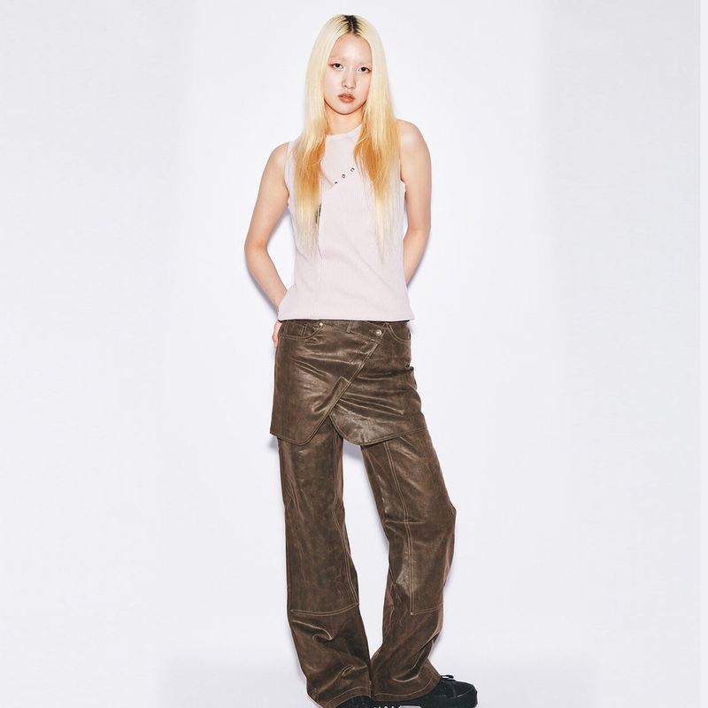 Eco Leather Semi-boots cut pants [brown]