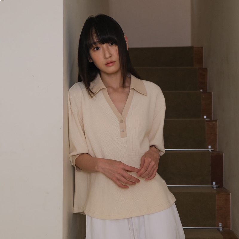 Cream Half Open Collar Tee