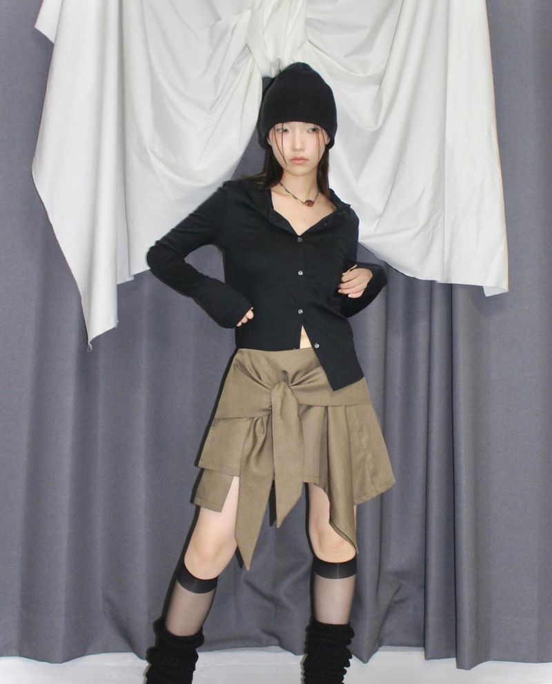 UNBALANCE TIED SKIRT (BROWN)