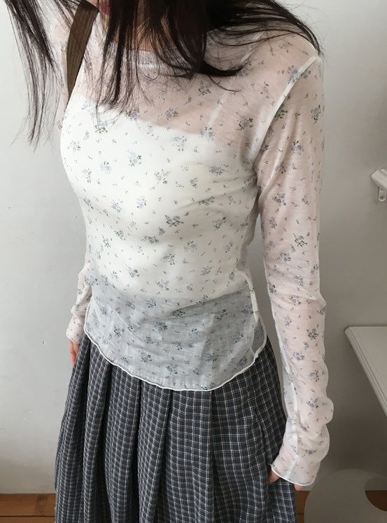 Zaina Tencel U-Neck See-through Flower Layered Long Sleeve Tee