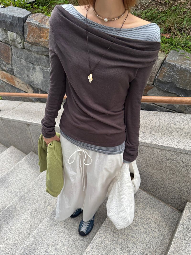 [prts made] soft touch boat-neck long sleeve T-shirts (blue stripe)