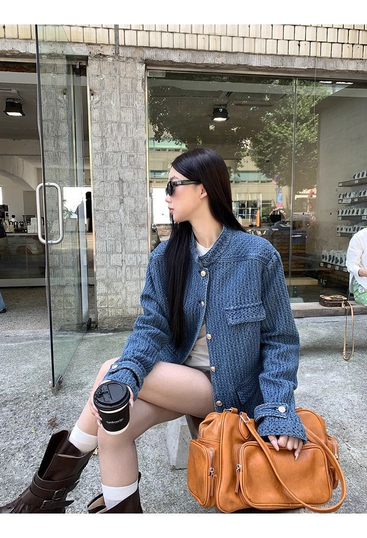Blue casual gold button denim jacket