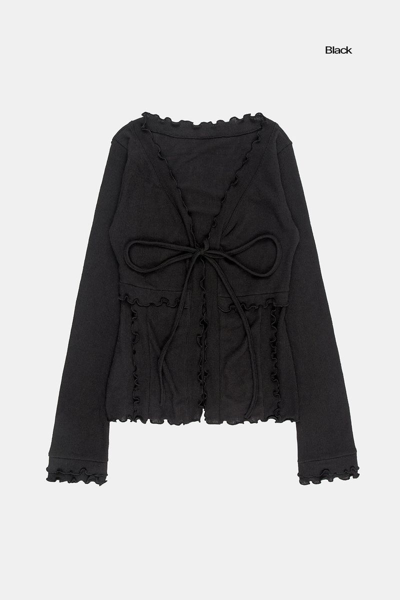 Non-button frill ribbed cardigan