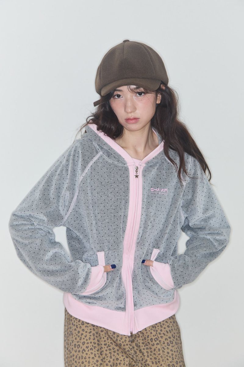 SHAKIRI（シャキリ）の「TERRY DOT RAGLAN HOODIE (GREY / PINK)（Tops）」