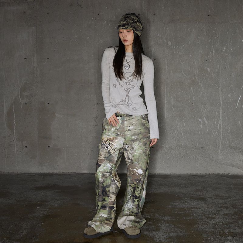  Camouflage leopard print split design loose straight trousers