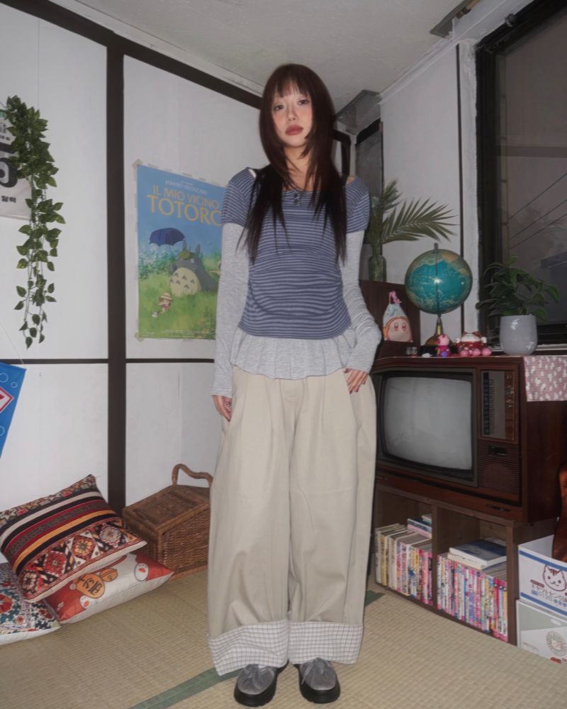 (3color) Check Roll-Up Wide Pintuck Pants