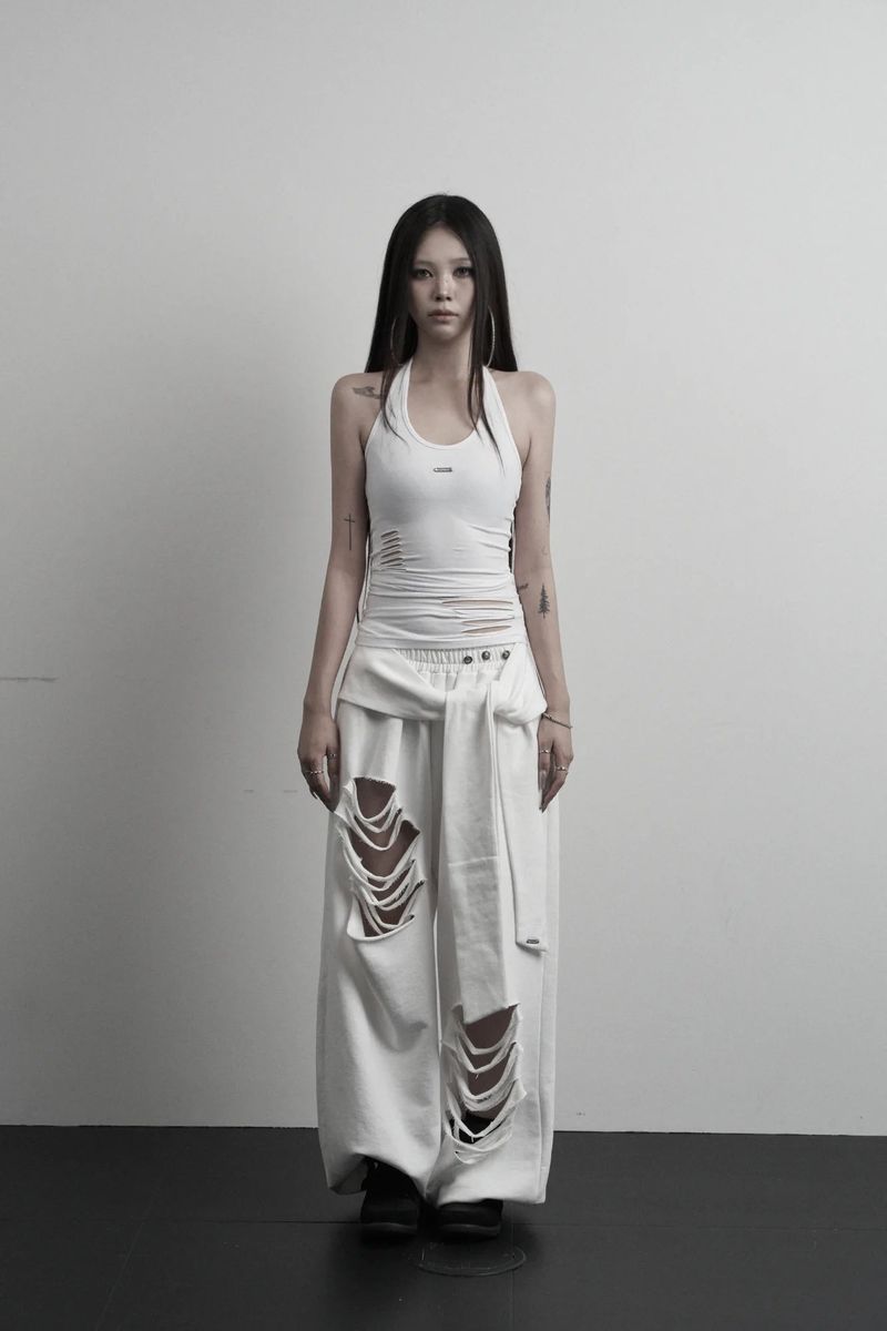 [label] layered tie damage wide pants (white)