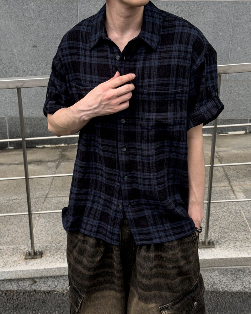Embossed Texture Check Roll-Up Shirt