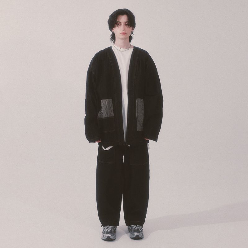 stripe patch denim pants_black