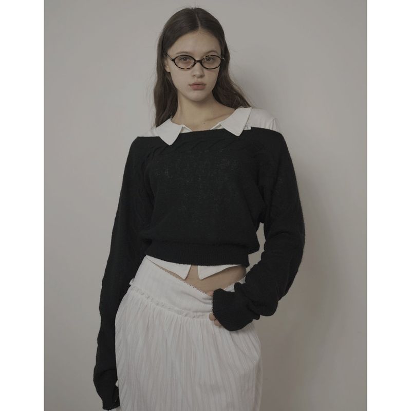 CABLE BOAT NECK KNIT-BLACK