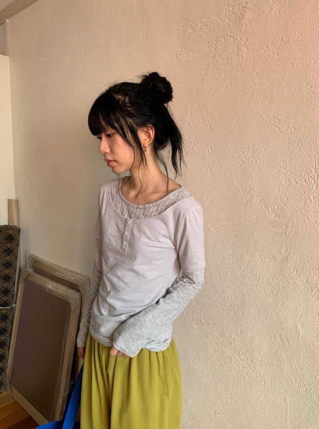Nicks Layered Button Stripe Long Sleeve Tee