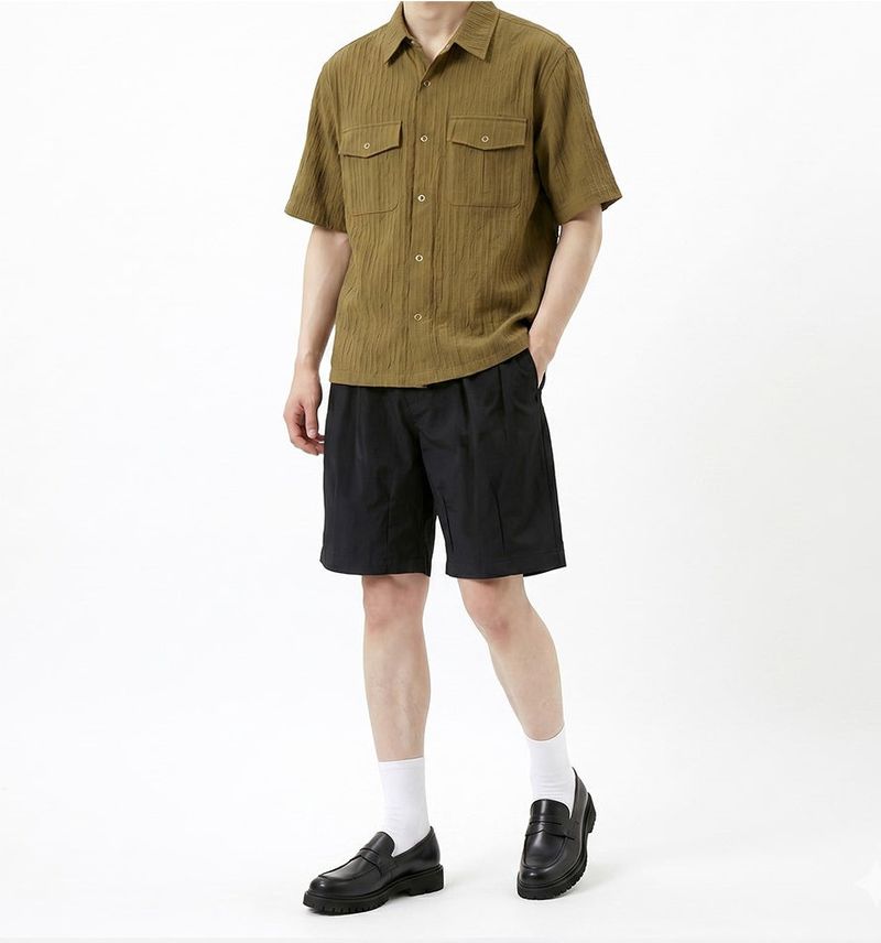 Nylon Stretch Double-Pleat Shorts Black