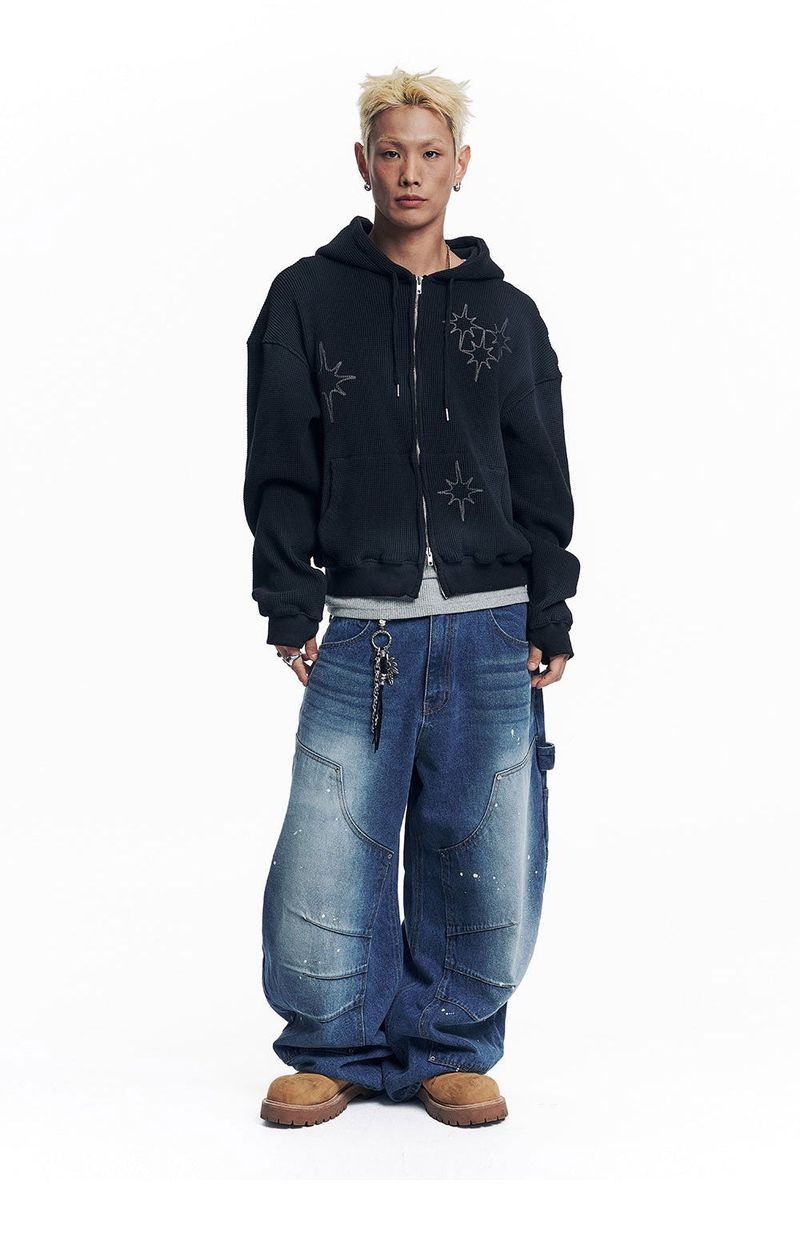 Washed Star Waffle Hooded Zip-Up - Black