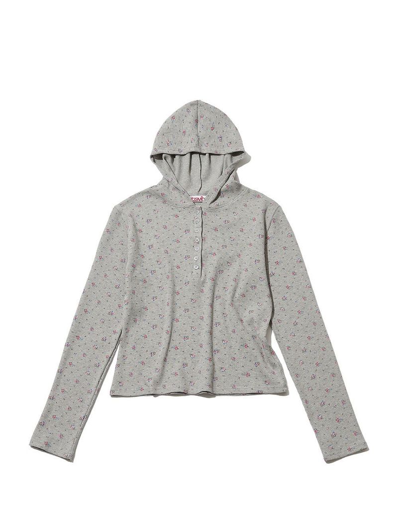 FLOWER WAFFLE BUTTON HOODIE - GRAY