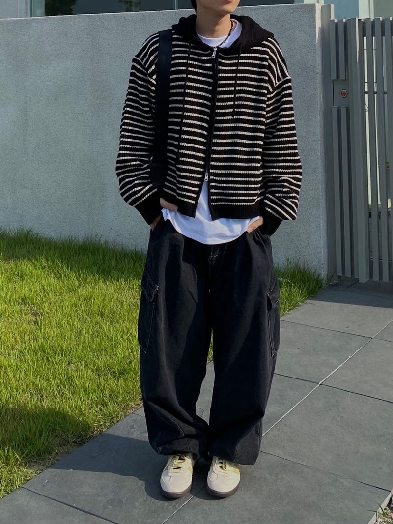 Stripe knit hooded zip up 3C