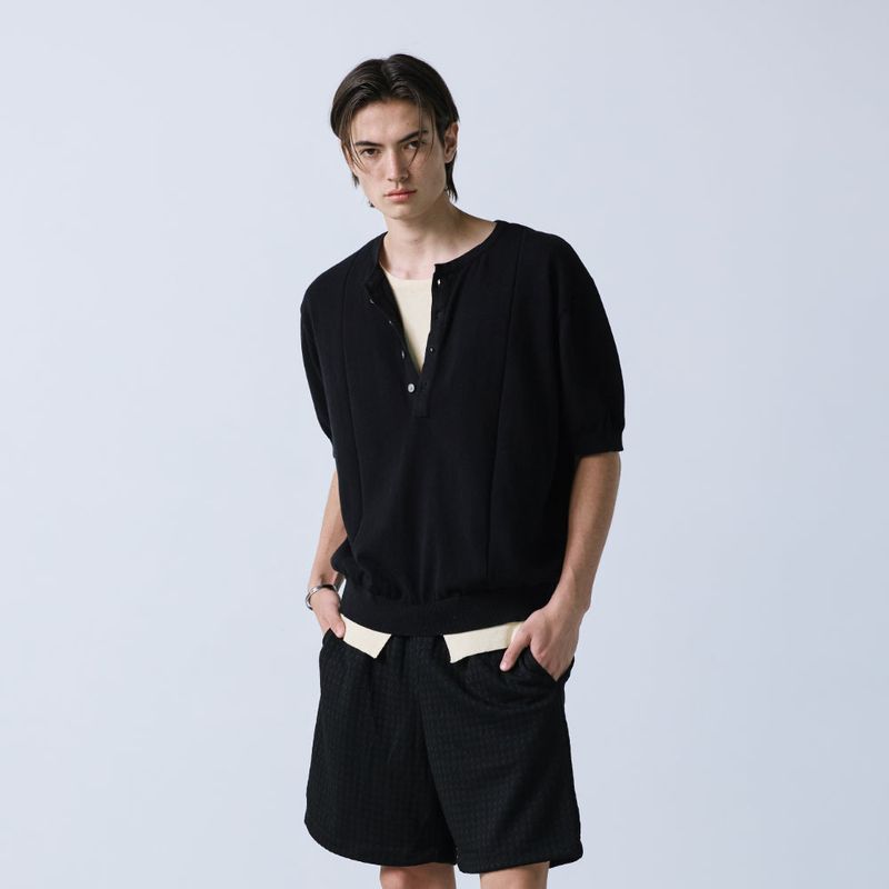 unveil henley neck layerd knit black