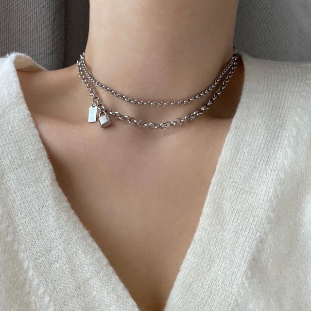 jmul Bold Lock Two Lines Chain Choker Necklace