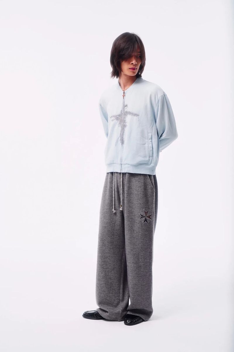WOOL-LIKE TEXTURE FOUR-COLOR FLOCKED DENIM PATCH EMBROIDERY SWEATPANTS