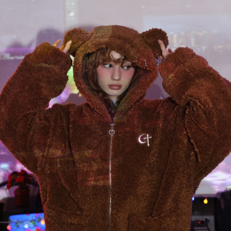 0 1 punk bear fleece jacket - BROWN