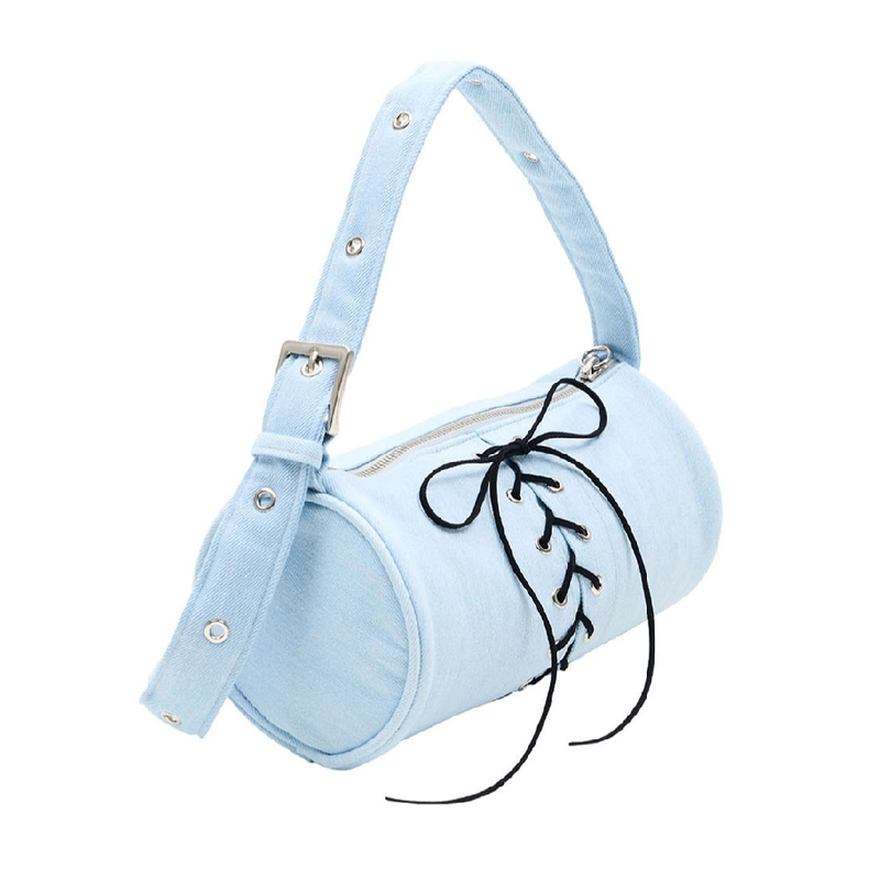 Don't Ask My Plan (DAMP)(ドントアスクマイプラン)の「2WAY BELTED STRAP BARREL BAG SMALL_LIGHT WASH DENIM(Bags)」