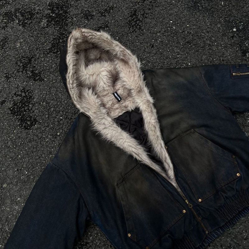 D quilted hooded denim fur cropped padded jacket