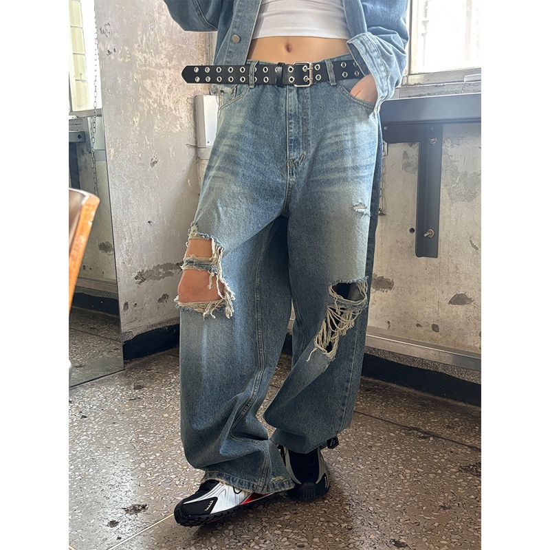  [Unisex] Knee destroyed wide denim pants
